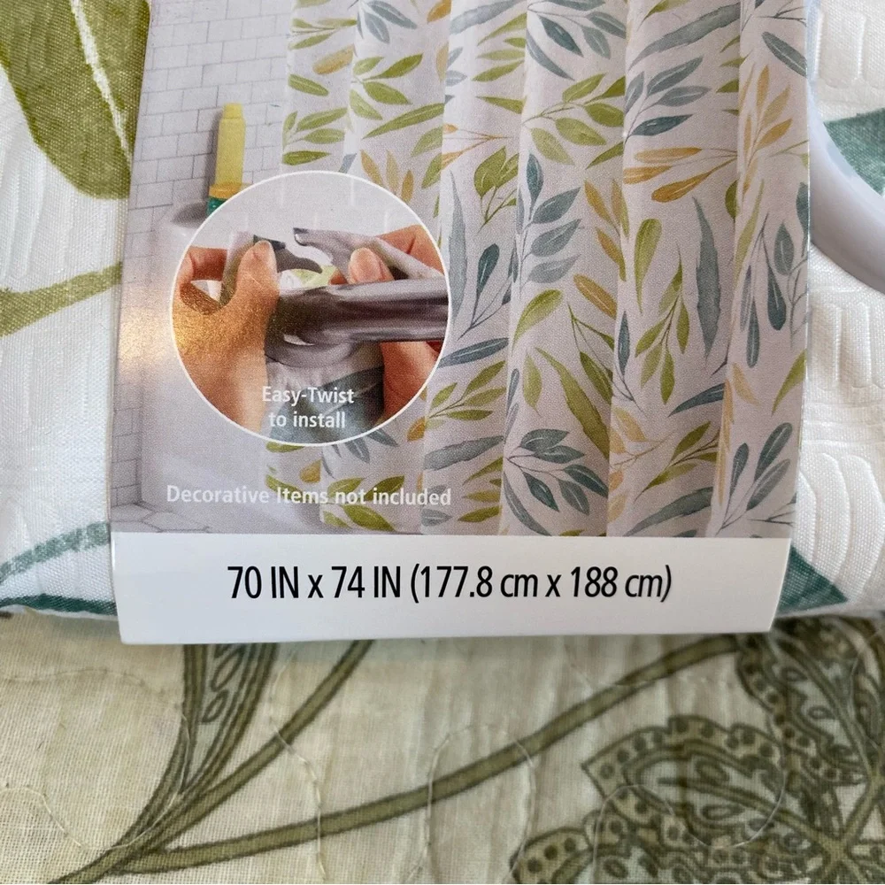 Mainstays White Shower Curtain with Green and Gold Leaf Pattern